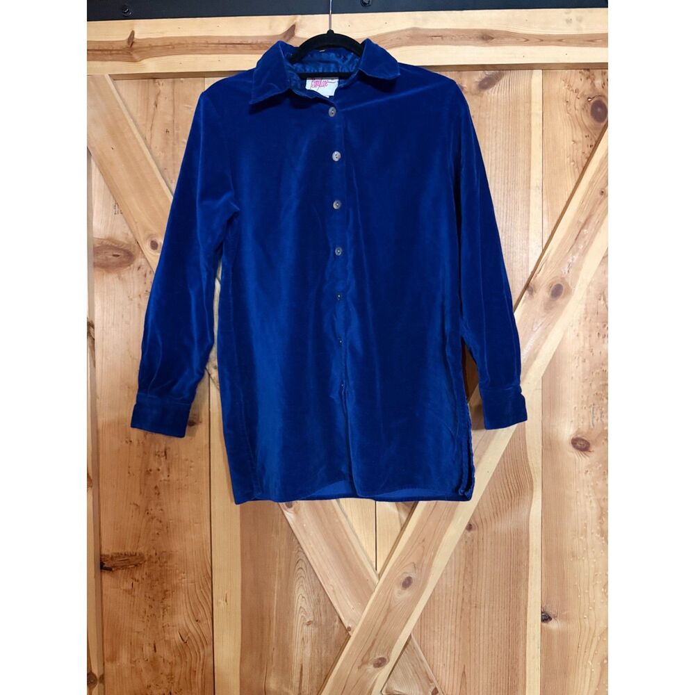 Vintage 80s/90s Retro Blue Velvet Button Up Shirt Blouse SZ Small Coquette Boho